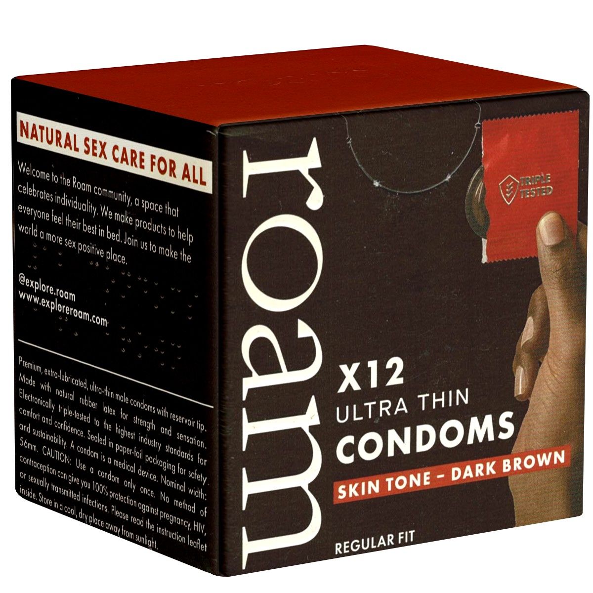 Dunkelbraune ROAM Kondome in einer Schachtel. Aufschrift: X12 Ultra Thin Condoms, Skin Tone - Dark Brown. Regelmäßige Passform.