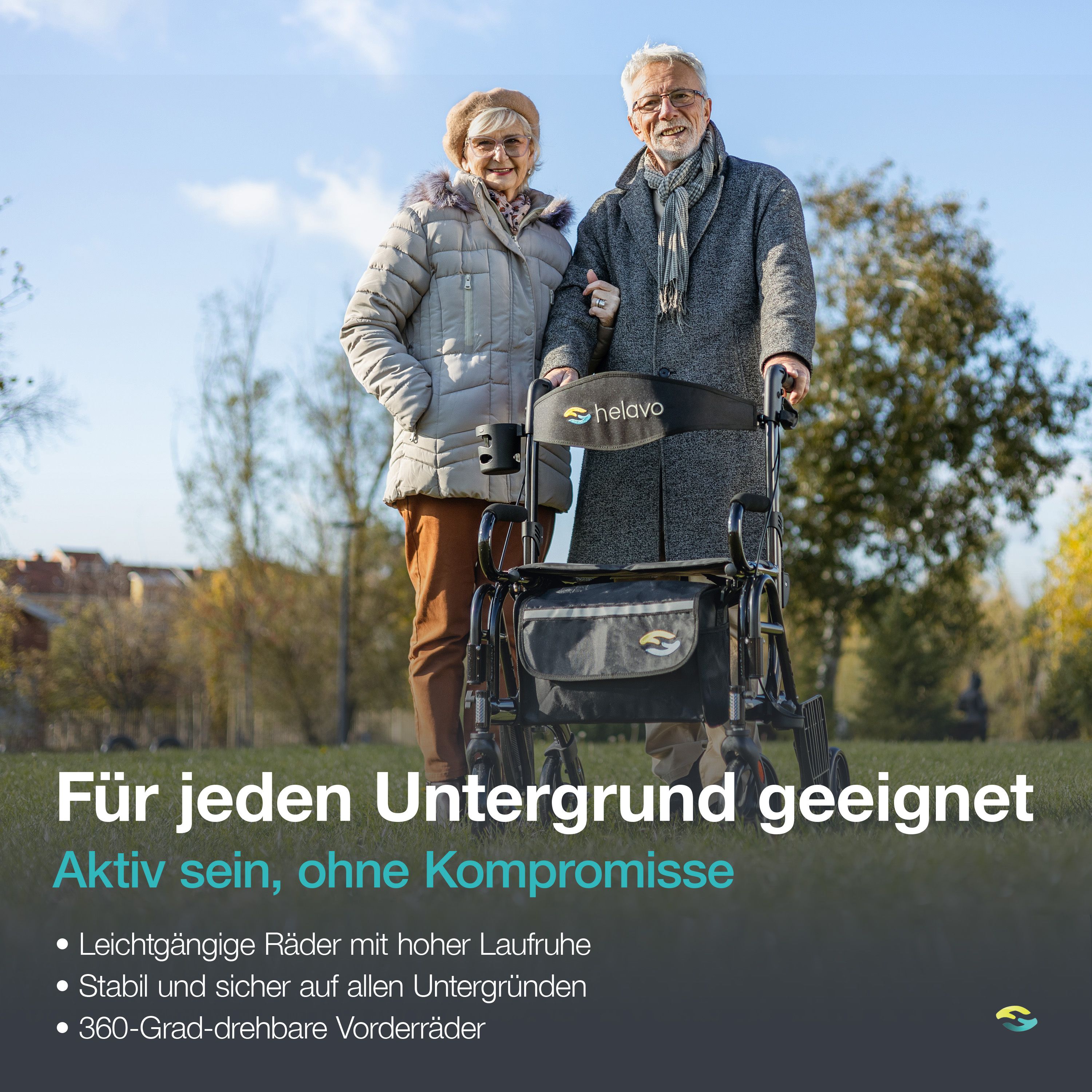 Älteres Paar im Freien mit Rollator. Mann geht, Frau stützt sich auf ihn. Text: Für jeden Untergrund geeignet.