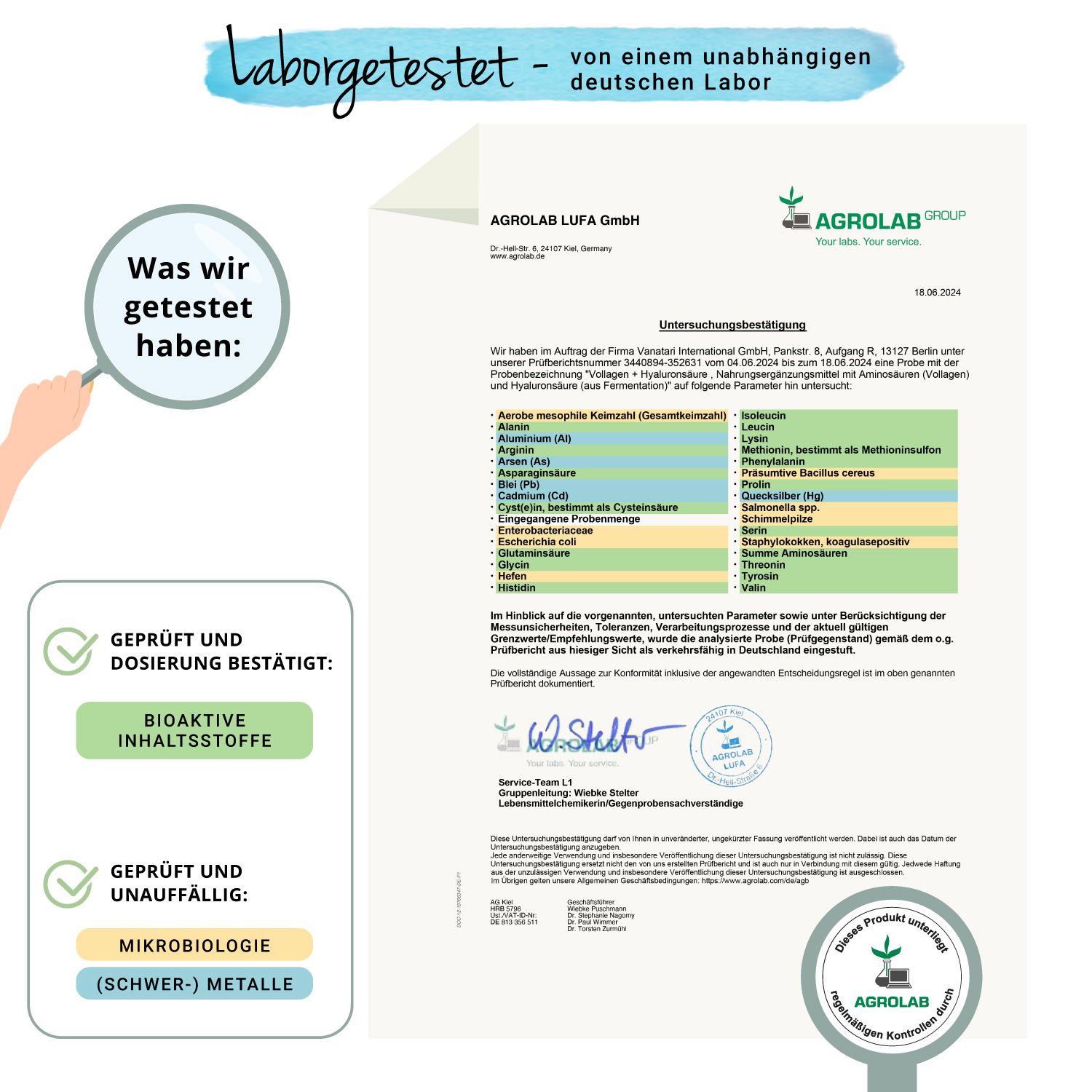 Laborbericht. Bestätigung der Inhaltsstoffe und Dosierung. Geprüft auf Mikroorganismen und Schwermetalle. Agrolab Siegel.