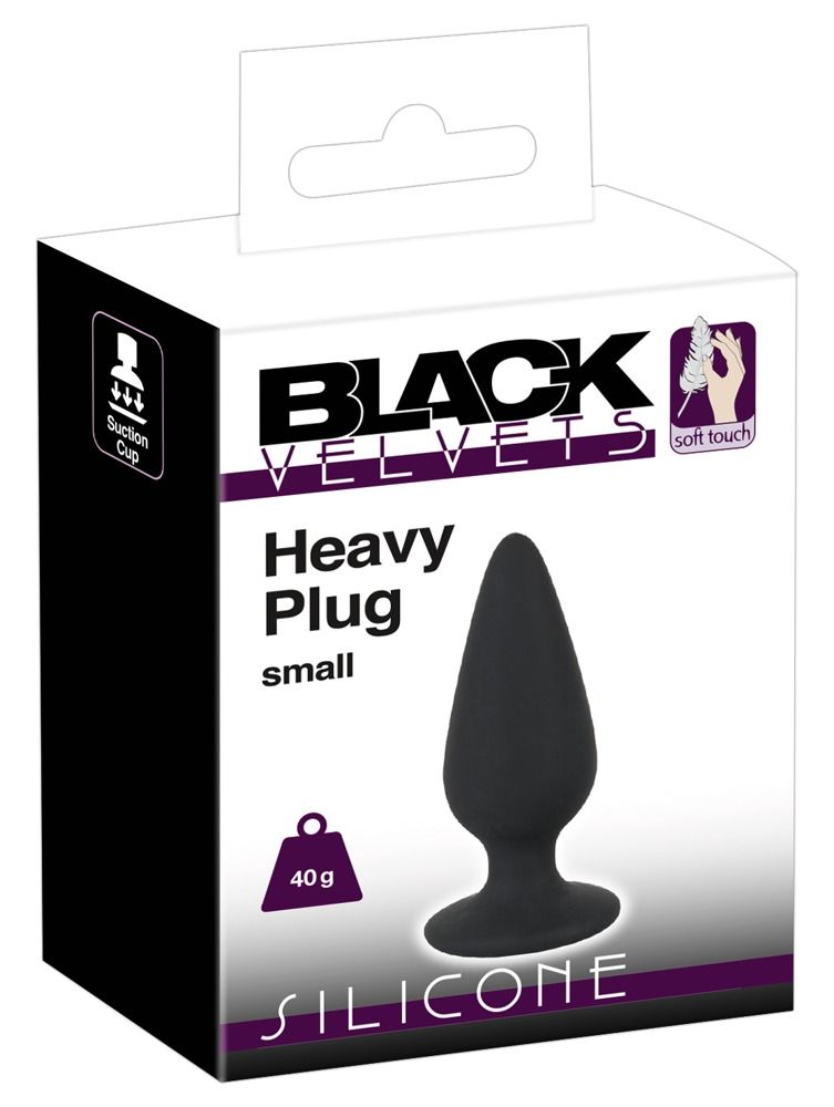 Verpackung mit schwarzem Analplug. Marke: Black Velvets. Produktname: Heavy Plug small. Gewicht: 40g. Material: Silikon.