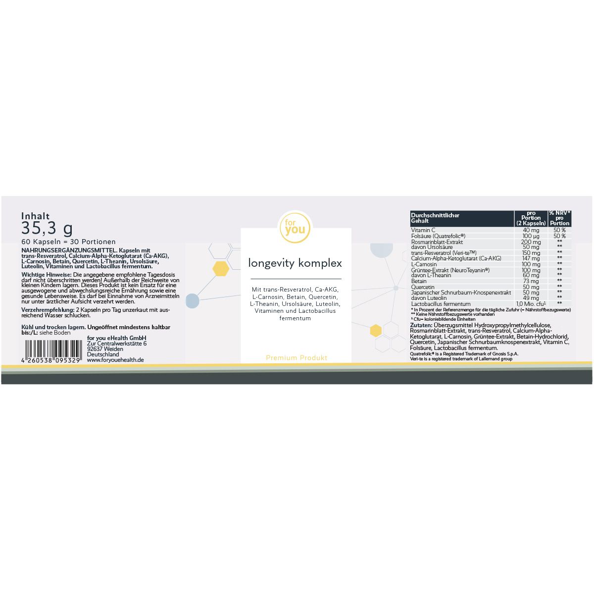 Weiße Verpackung mit Aufschrift: for you longevity komplex. Enthält 60 Kapseln. Nährwertangaben und Inhaltsstoffe sind aufgedruckt.