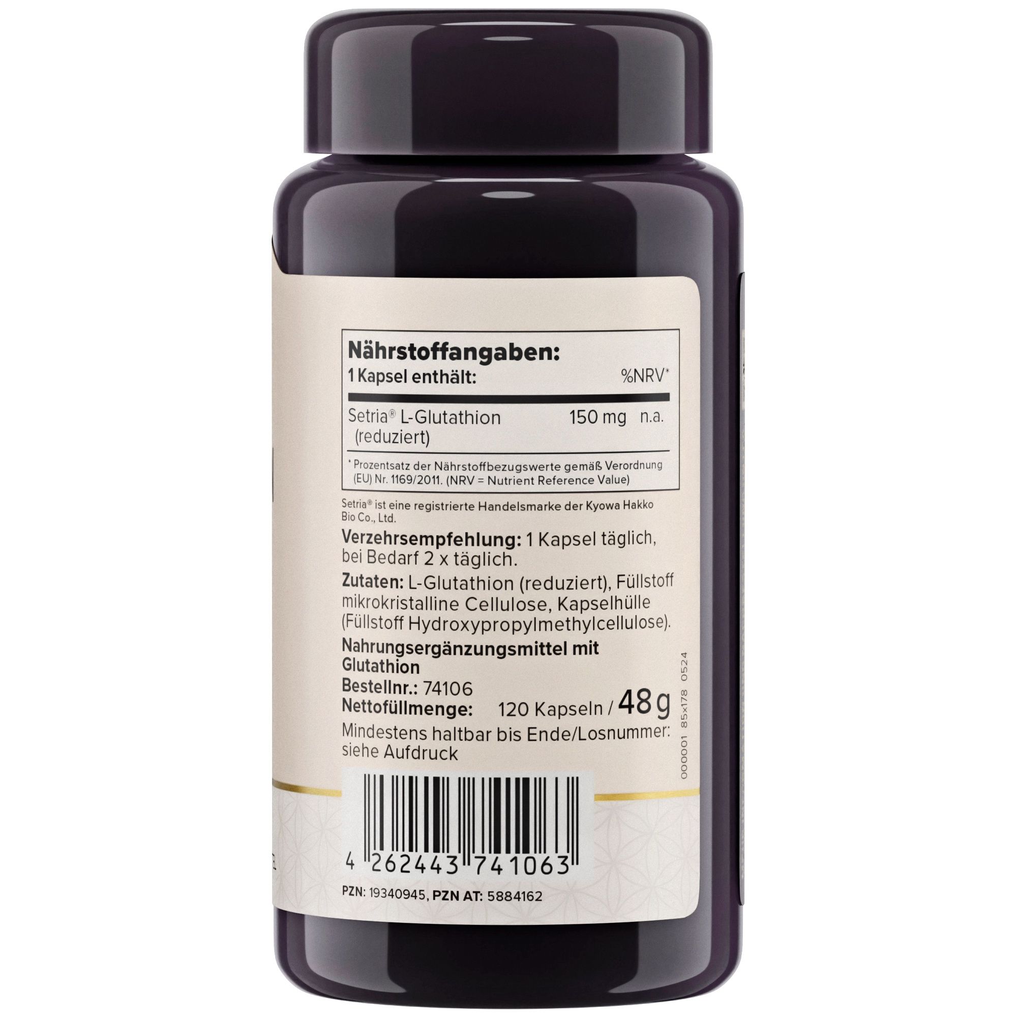 Braune Flasche mit weißem Etikett. Text: Nährstoffangaben, 120 Kapseln, 48g, Zutaten: L-Glutathion, mikrokristalline Cellulose, Kapselhülle, Hydroxypropylmethylcellulose.