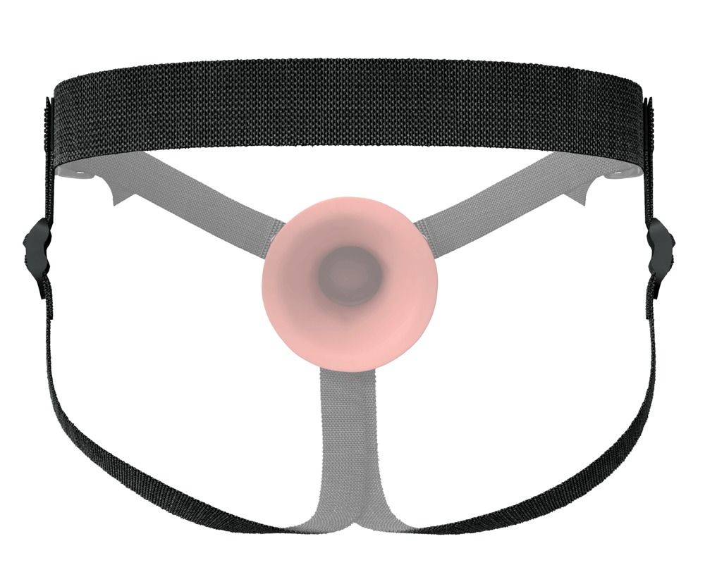 Schwarzer Strap-on mit beigefarbenem Ring. Drei Gurte und verstellbare Schnallen. Draufsicht.