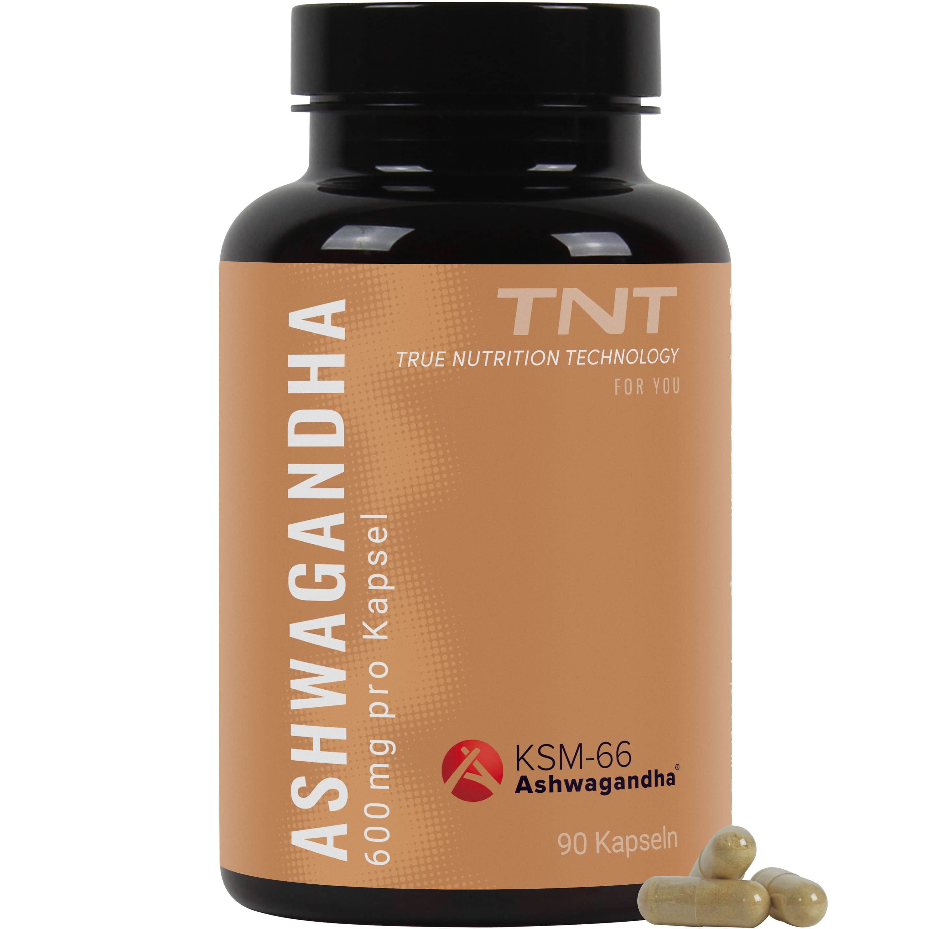Braune Flasche mit Kapseln. Aufschrift: Ashwagandha, 600mg pro Kapsel, KSM-66, 90 Kapseln. Marke: TNT.