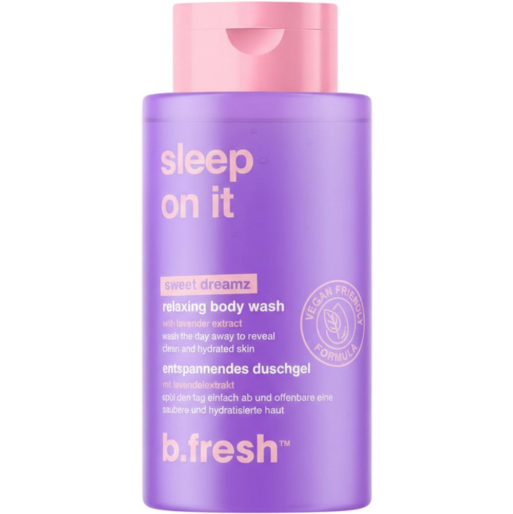 Lila Duschgel-Flasche mit rosa Deckel. Aufschrift: Sleep On It, Relaxing Body Wash, b.fresh. Vegan-Siegel.