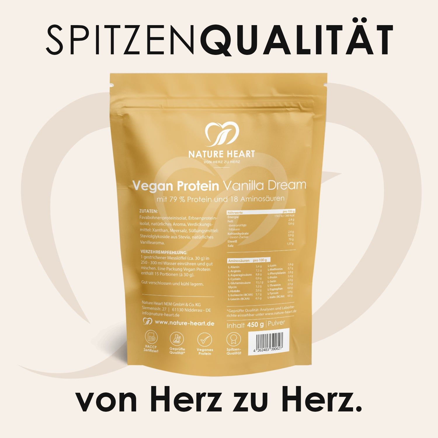 Rückseite des Nature Heart Vegan Protein Vanilla Dream Beutels mit Nährwertangaben und Siegeln.