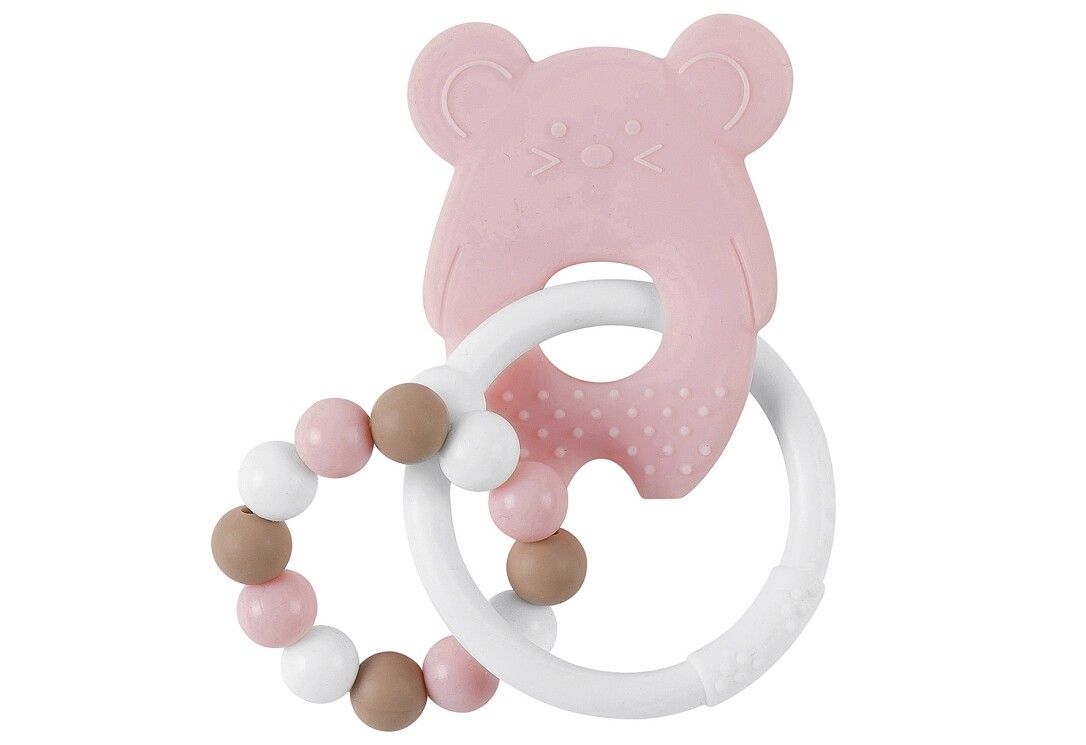 Rosa Beißring mit Maus-Form, weißem Ring und Perlen. Perlen in Weiß, Rosa und Braun. Aus Silikon.