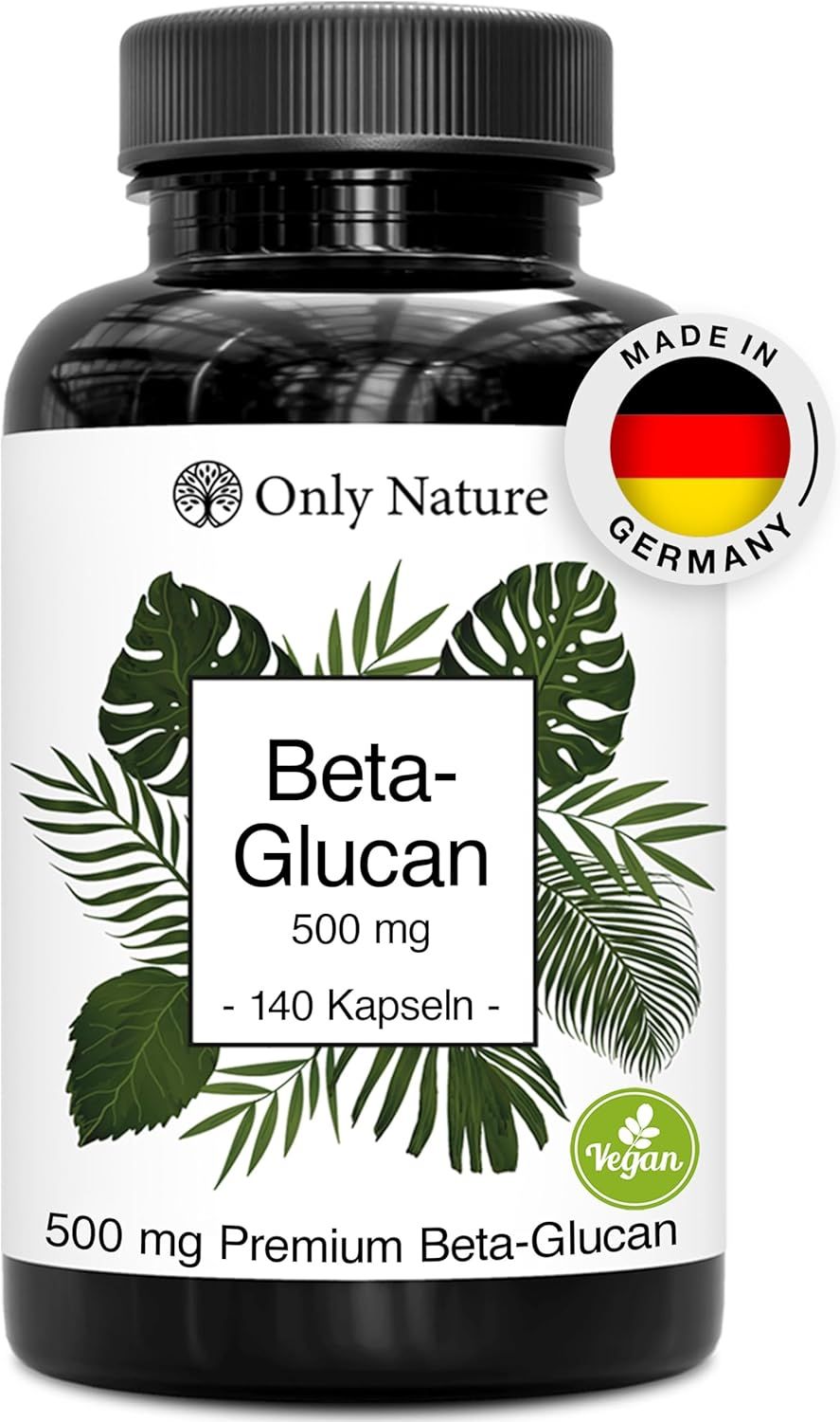 Braune Flasche mit weißen Etikett. Nur Natur Beta-Glucan Kapseln. 500 mg, 140 Kapseln. Vegan. Made in Germany.