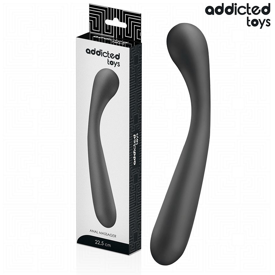 Verpackung mit Analstimulator. Schwarze, gebogene Form. Text: „ANAL MASSAGER“ und „22.5 cm“. Produktansicht.