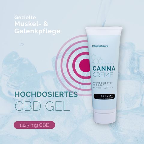 Canna Creme CBD Gel Tube. Kühlend. Text: Hochdosiertes CBD Gel. 1425 mg CBD.