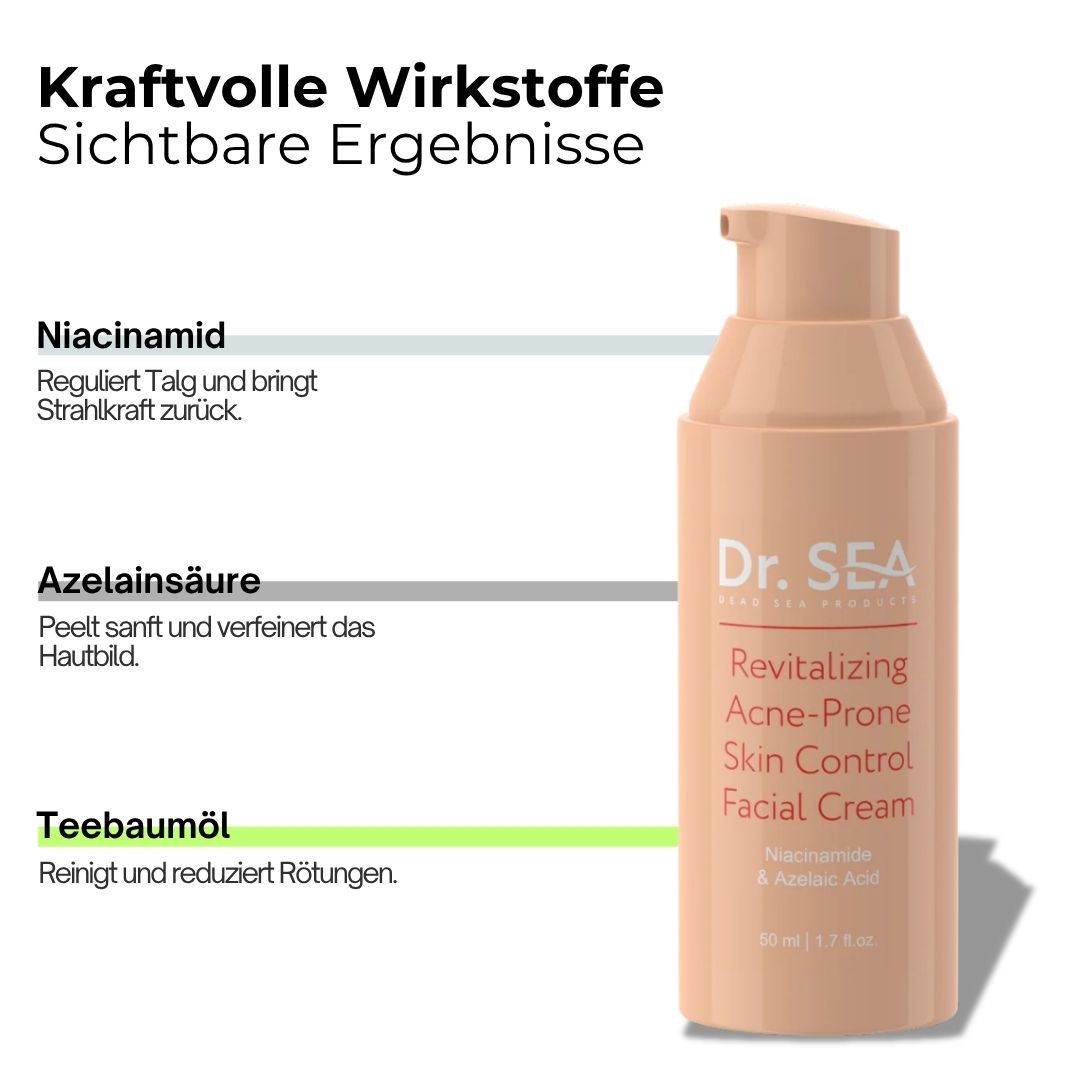 Creme-Tube mit Text. Text: Niacinamid, Azelainsäure, Teebaumöl. Aufschrift: DR. SEA, Revitalizing Acne-Prone Skin Control.