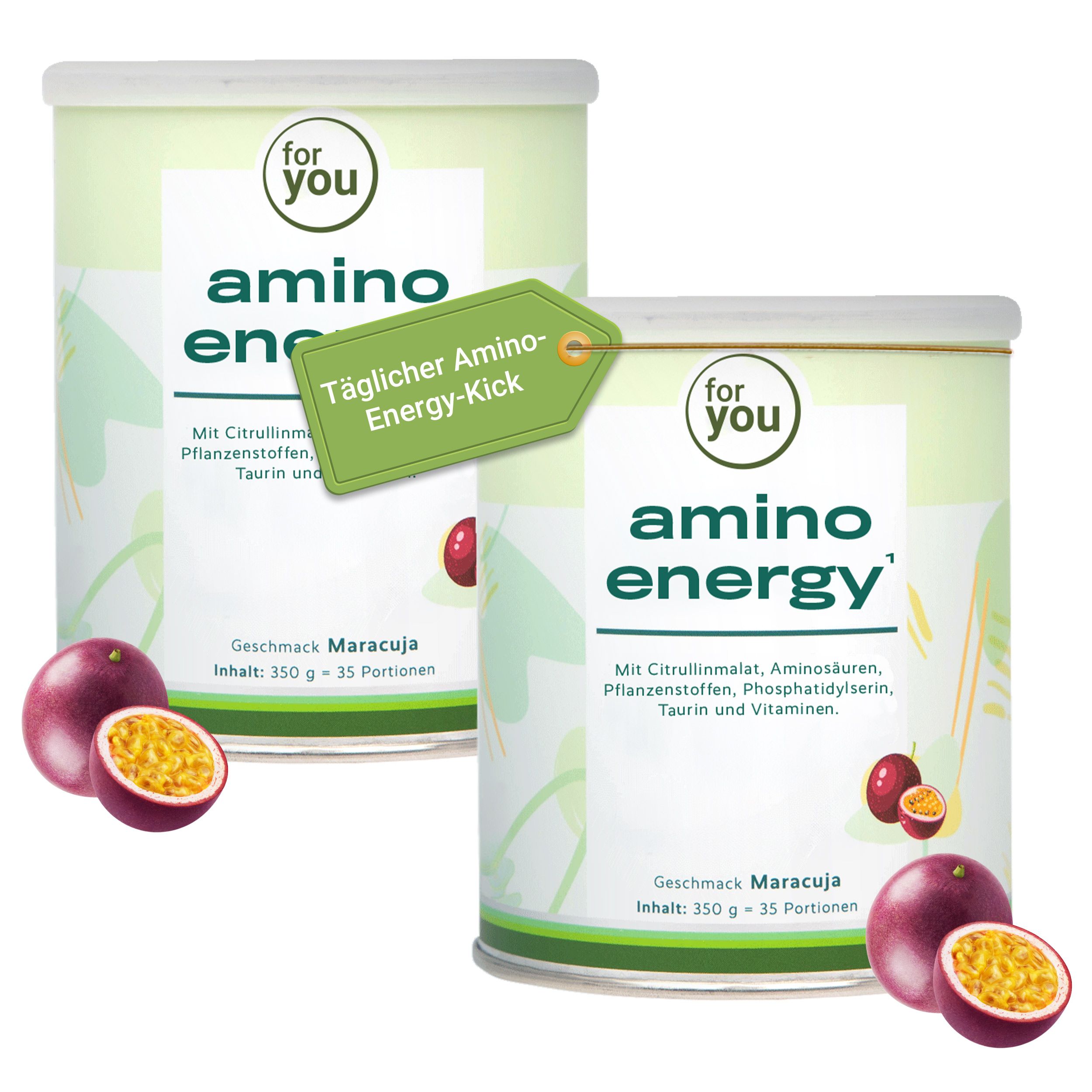 Zwei Dosen 'amino energy' mit Passionsfrüchten und Etikett 'Täglicher Amino-Energy-Kick'.