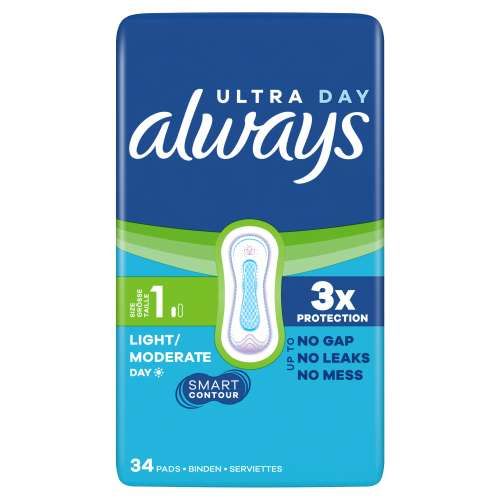 Always Ultra Binden Normal, Größe 1, 34 Stück, für leichte bis mäßige Tage.