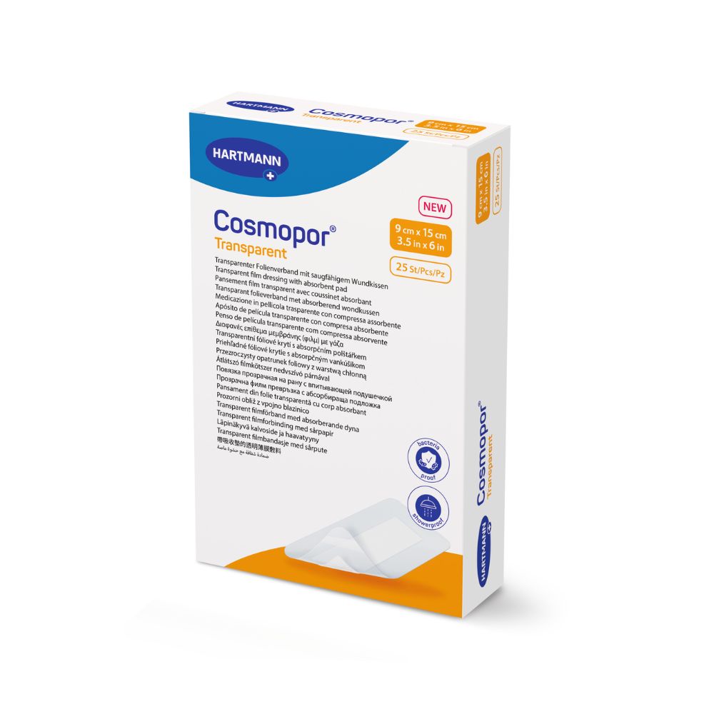 Hartmann Cosmopor Transparentverband-Packung. Enthält 25 Stück. Größe: 9 x 15 cm. Mit absorbierendem Pad.