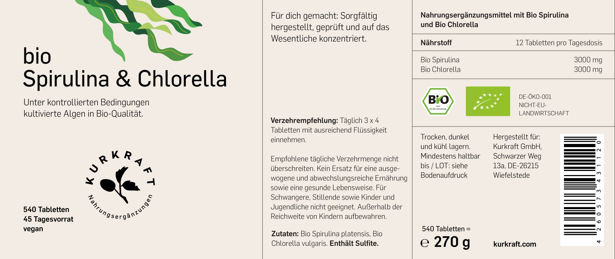 Etikett mit Text: Bio Spirulina & Chlorella, 540 Tabletten, vegan. Bio-Siegel. Nährwertangaben. Herstellerinformationen.