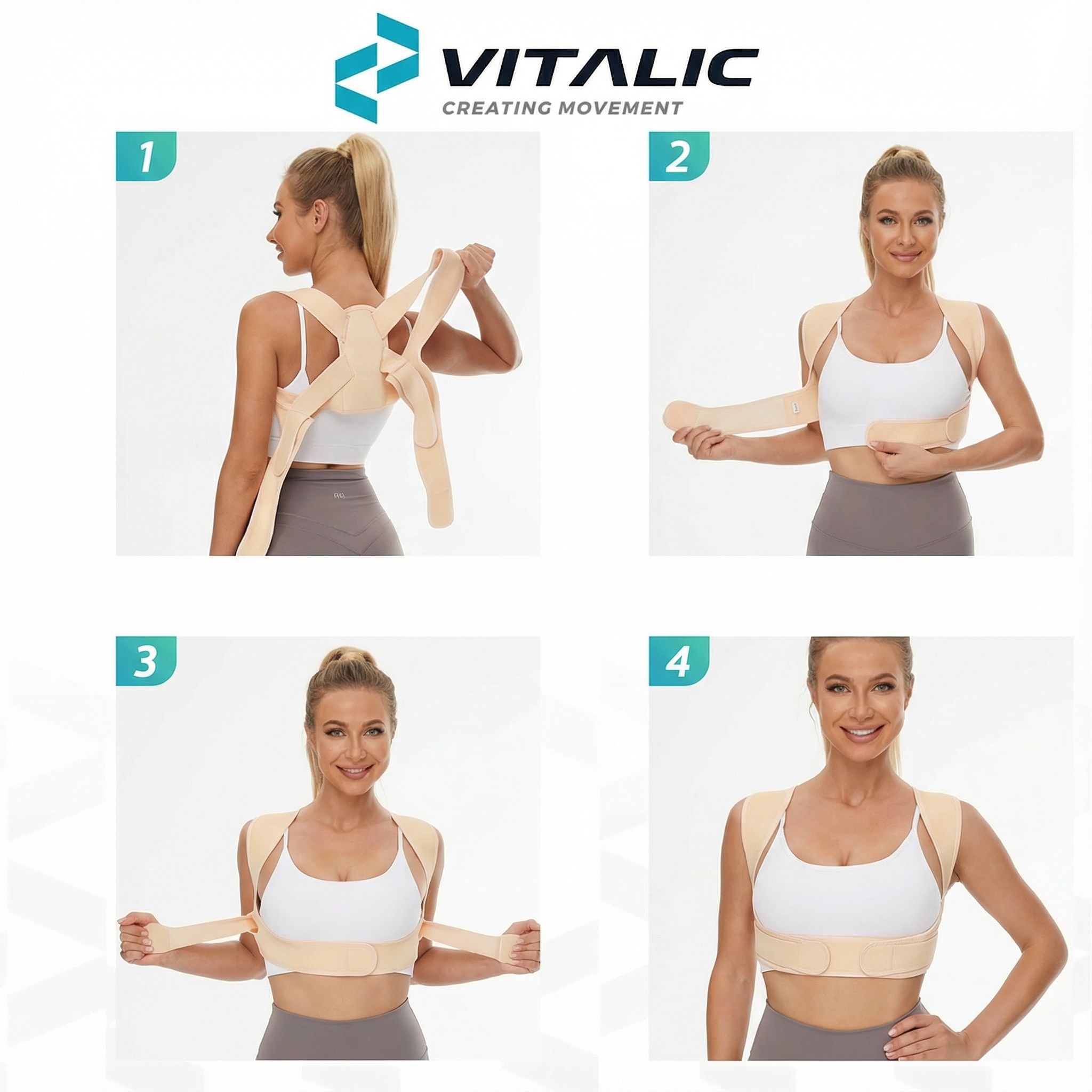 Haltungskorrektor. Beige. Schritte 1-4 zur Anwendung. Frau zeigt Anwendungsschritte. VITALIC Logo.