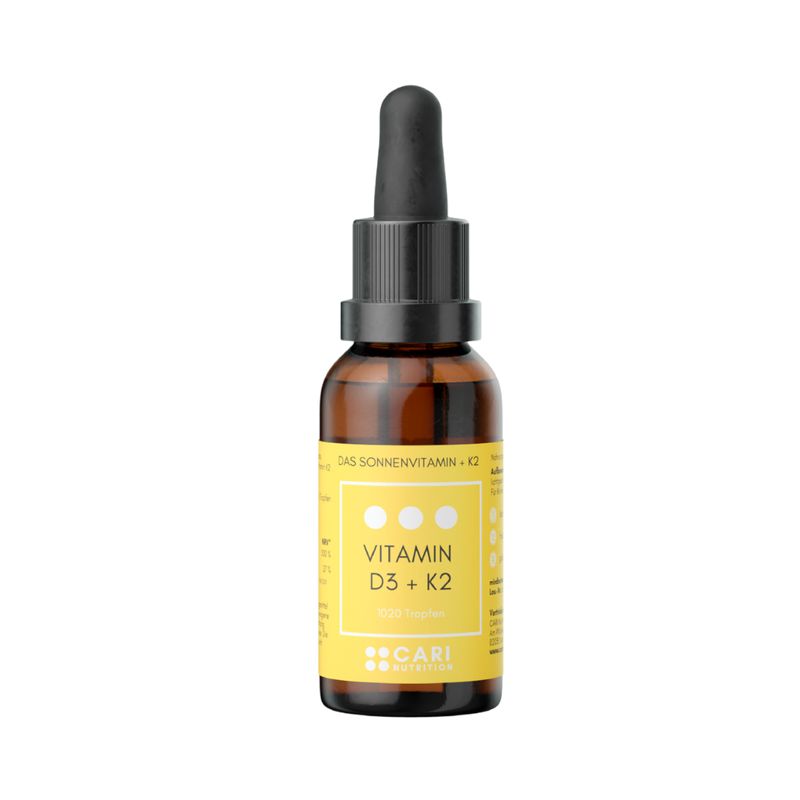 Braune Glasflasche mit Pipettenverschluss, gefüllt mit Sonnenvitamin D3+K2 Tropfen.