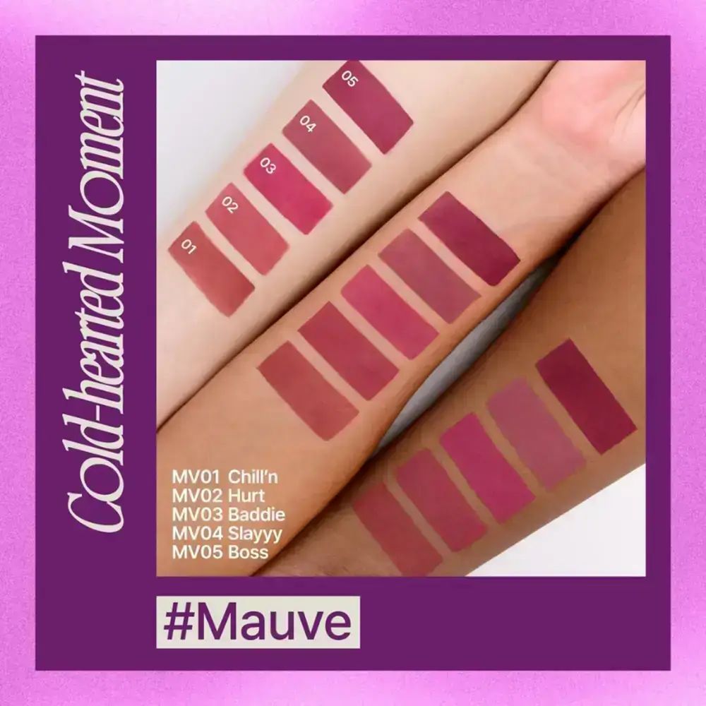 Arme mit verschiedenen Lippenfarben. Text: #Mauve, MV01 Chill'n bis MV05 Boss.