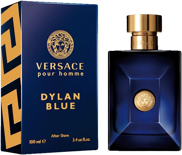 Blaues Aftershave-Flakon und Schachtel. Goldfarbene Kappe und Medusa-Logo. Text: VERSACE POUR HOMME DYLAN BLUE After Shave.