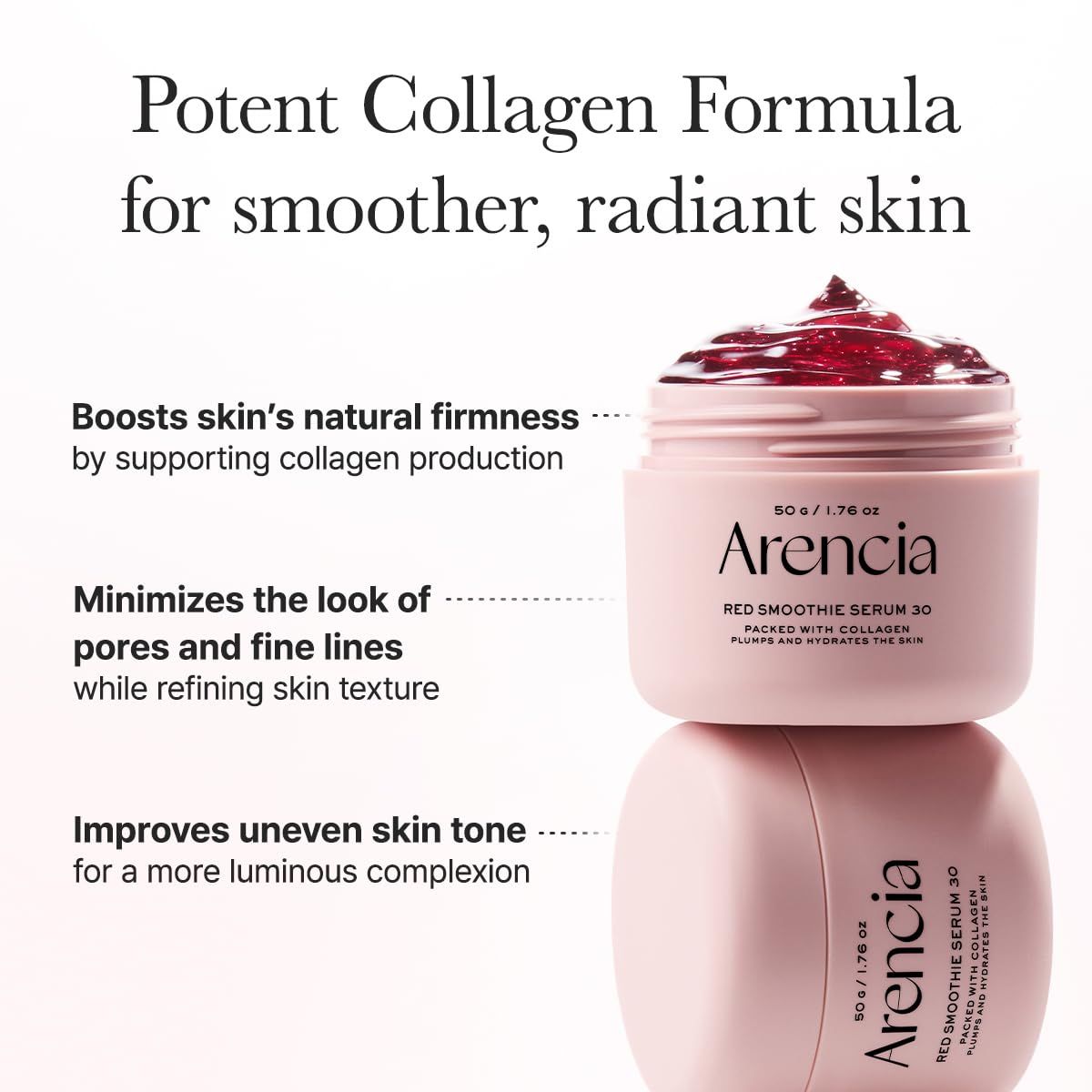 Zwei rosa Tiegel mit rotem Serum. Aufschrift: Arencía, Red Smoothie Serum 30. Text: Potent Collagen Formula for smoother, radiant skin.