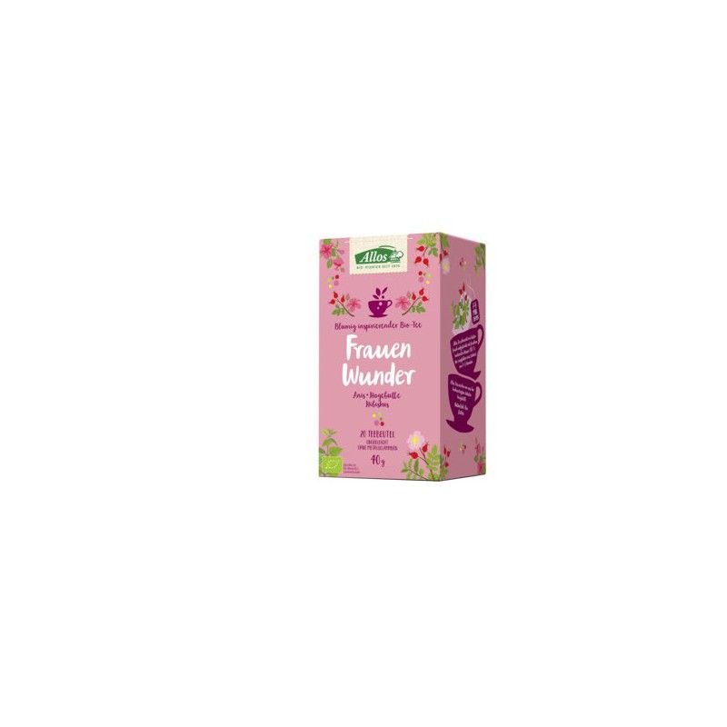Rosa Verpackung mit floralem Muster und Aufschrift "Frauen Wunder". Logo "Allos" oben links.