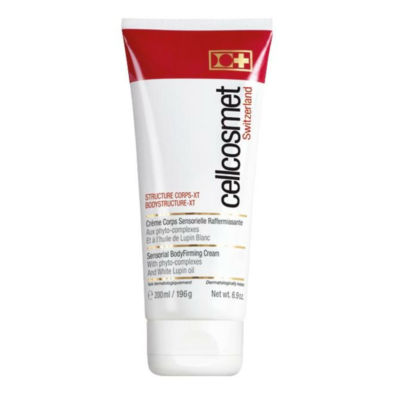 Weiß-rote Tube Cellcosmet Körperpflege Body Structure XT. Text: Structure Corps-XT, Crème Corps Sensorielle Raffermissante, Sensorial Bodyfirming Cream.