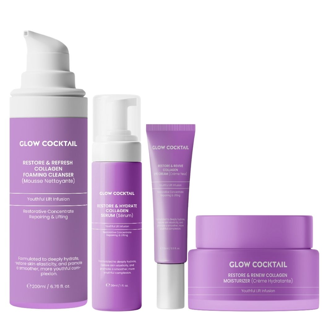 Set mit vier Hautpflegeprodukten. Enthält Reinigungsschaum, Serum, Creme und Feuchtigkeitspflege. Lila Verpackung mit weißer Schrift.