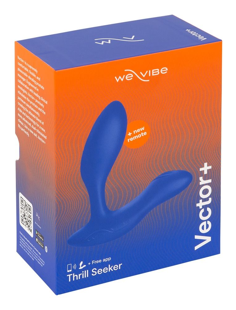 Produktverpackung. Blaue Box mit Produktabbildung. Text: 'We-Vibe', 'Vector+', 'Thrill Seeker'.