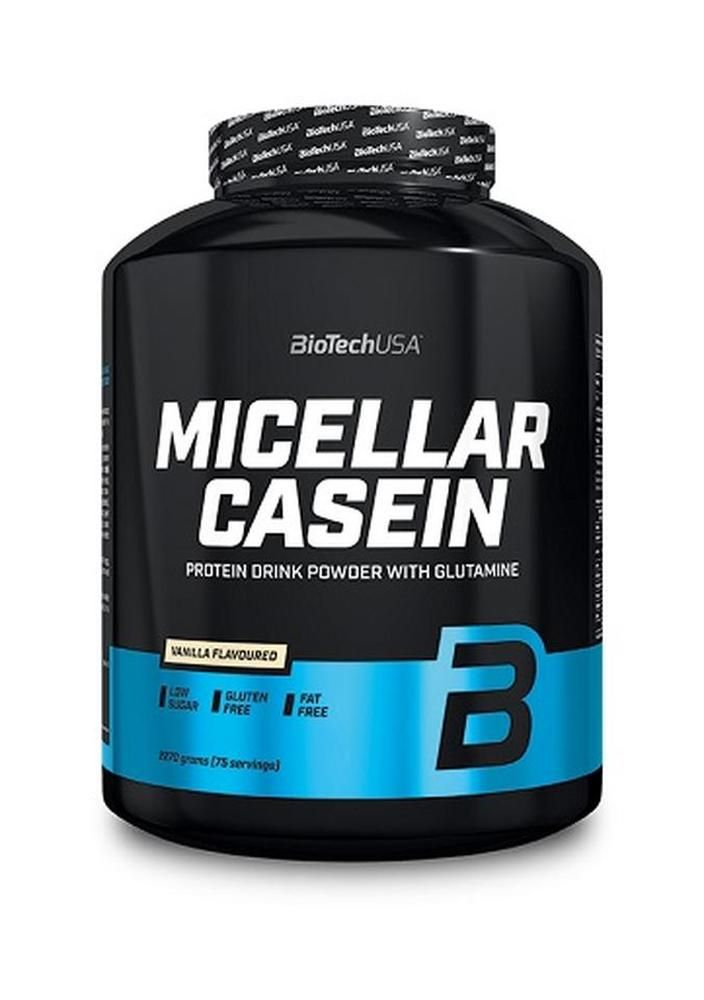 Schwarze Dose mit BiotechUSA Micellar Casein. Blaue Akzente, weißer Schriftzug. Enthält Glutamin, Vanille-Geschmack, zucker-, gluten- und fettfrei.