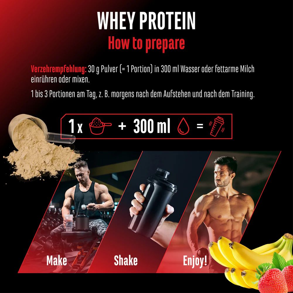 Anleitung zur Zubereitung von GEN Whey Protein Komplex. 1 Portion Pulver in 300 ml Wasser oder Milch mischen. Mit Sportlern.