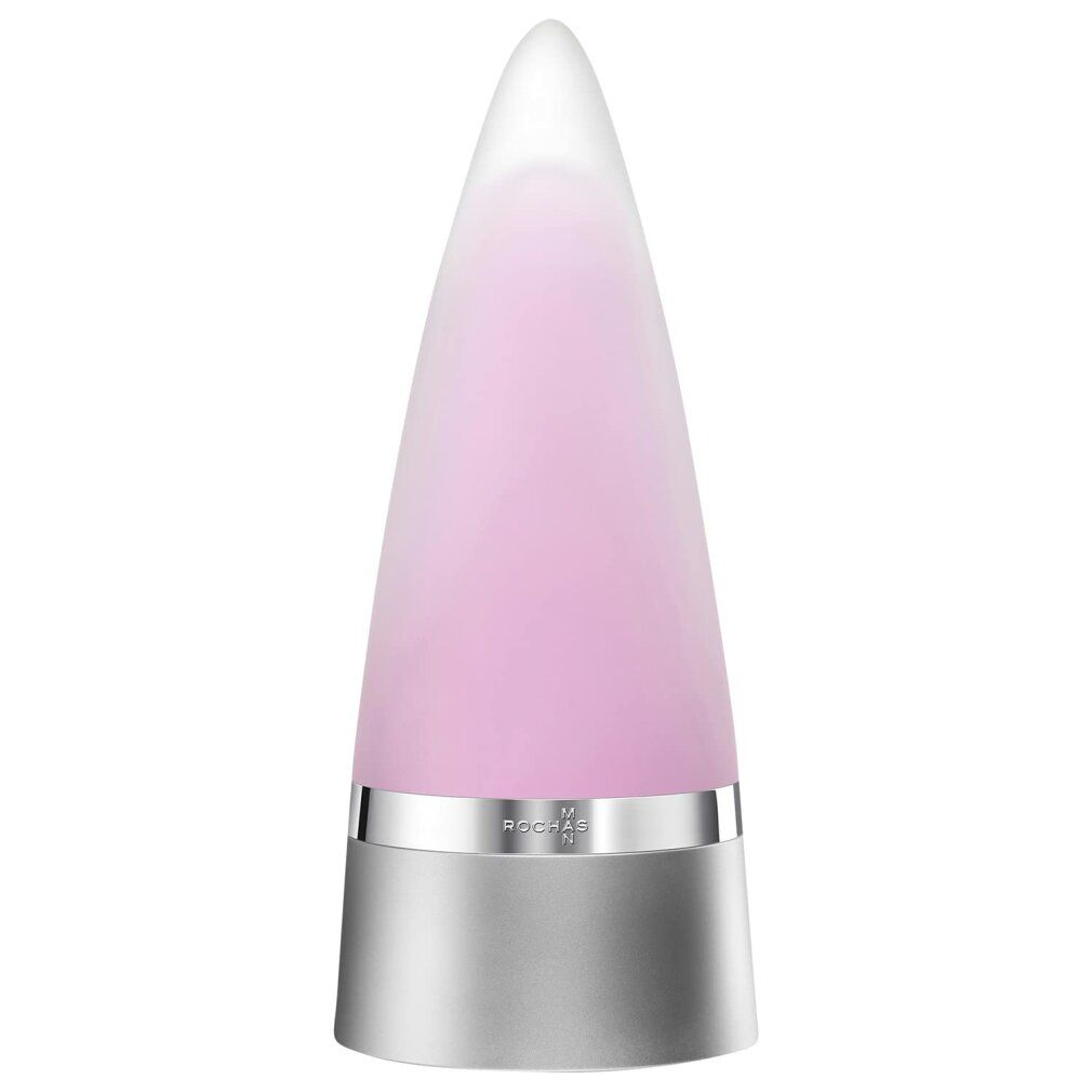 Rochas Man Intense Eau De Parfum Spray. Kegelförmiger Flakon mit silberfarbenem Sockel. Rosa Flüssigkeit sichtbar.