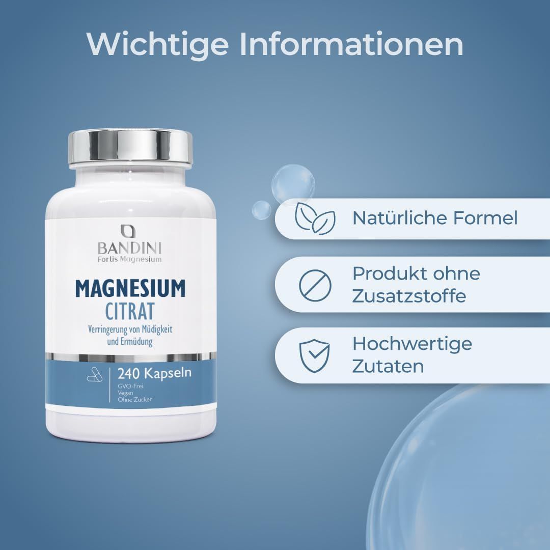 Bandini Magnesium Citrat: 240 Kapseln, natürliche Formel, ohne Zusatzstoffe.