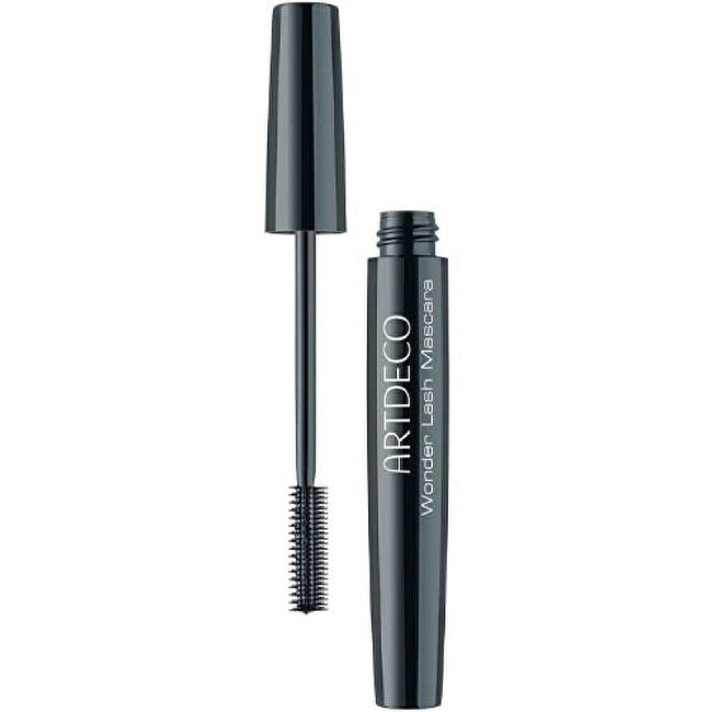 Schwarze Mascarabürste und -behälter. Behälter mit "ARTDECO Wonder Lash Mascara"-Schriftzug. Deckel liegt daneben.