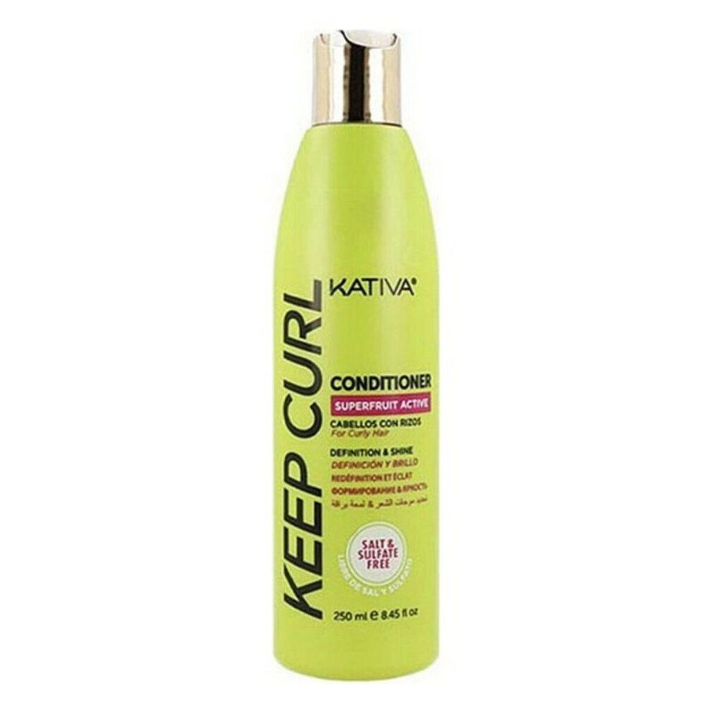 Grüne Flasche mit goldfarbenem Deckel. Aufschrift: Kativa Keep Curl Conditioner, Superfruit Active, für lockiges Haar. Enthält 250 ml.