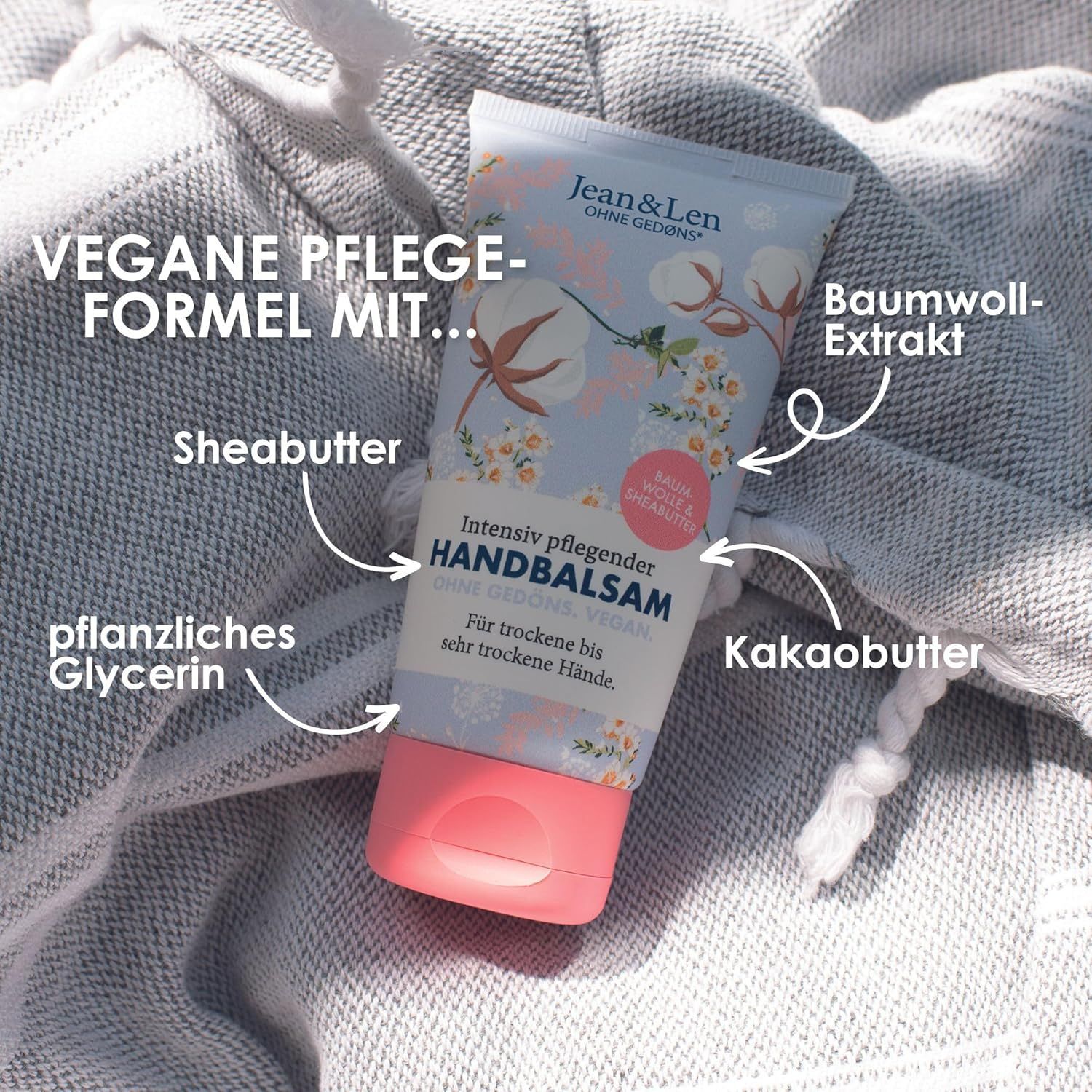 Handbalsam-Tube mit Baumwoll- und Sheabutter-Motiven. Text: Intensiv pflegender Handbalsam, vegan. Zutaten-Pfeile.