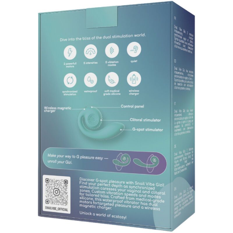 Rückseite der Snail Vibe Gizi Verpackung. Enthält Produktabbildung, Text, Icons und QR-Code. Türkis und weiß.