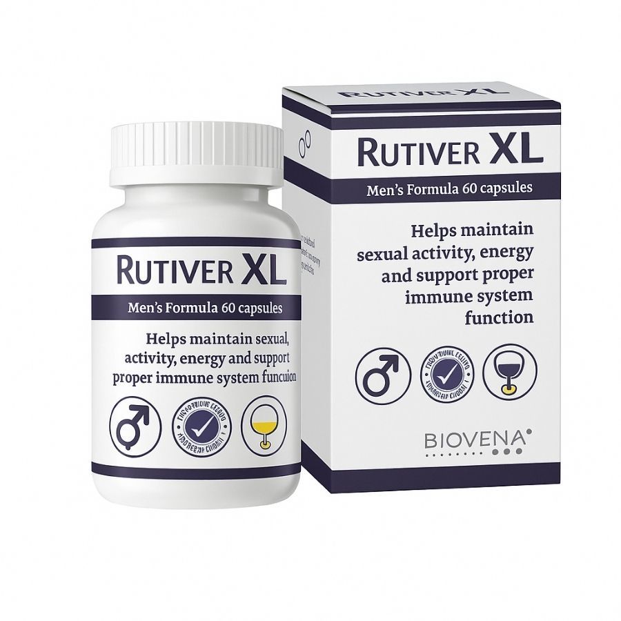 Weiße Flasche und Schachtel mit Produktnamen Rutiver XL. Enthält 60 Kapseln. Hilft bei sexueller Aktivität, Energie und Immunsystem.