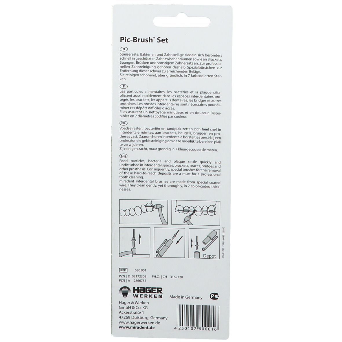 Rückseite der Verpackung des miradent Pic-Brush Sets. Textinformationen, Illustrationen und Markenlogo.