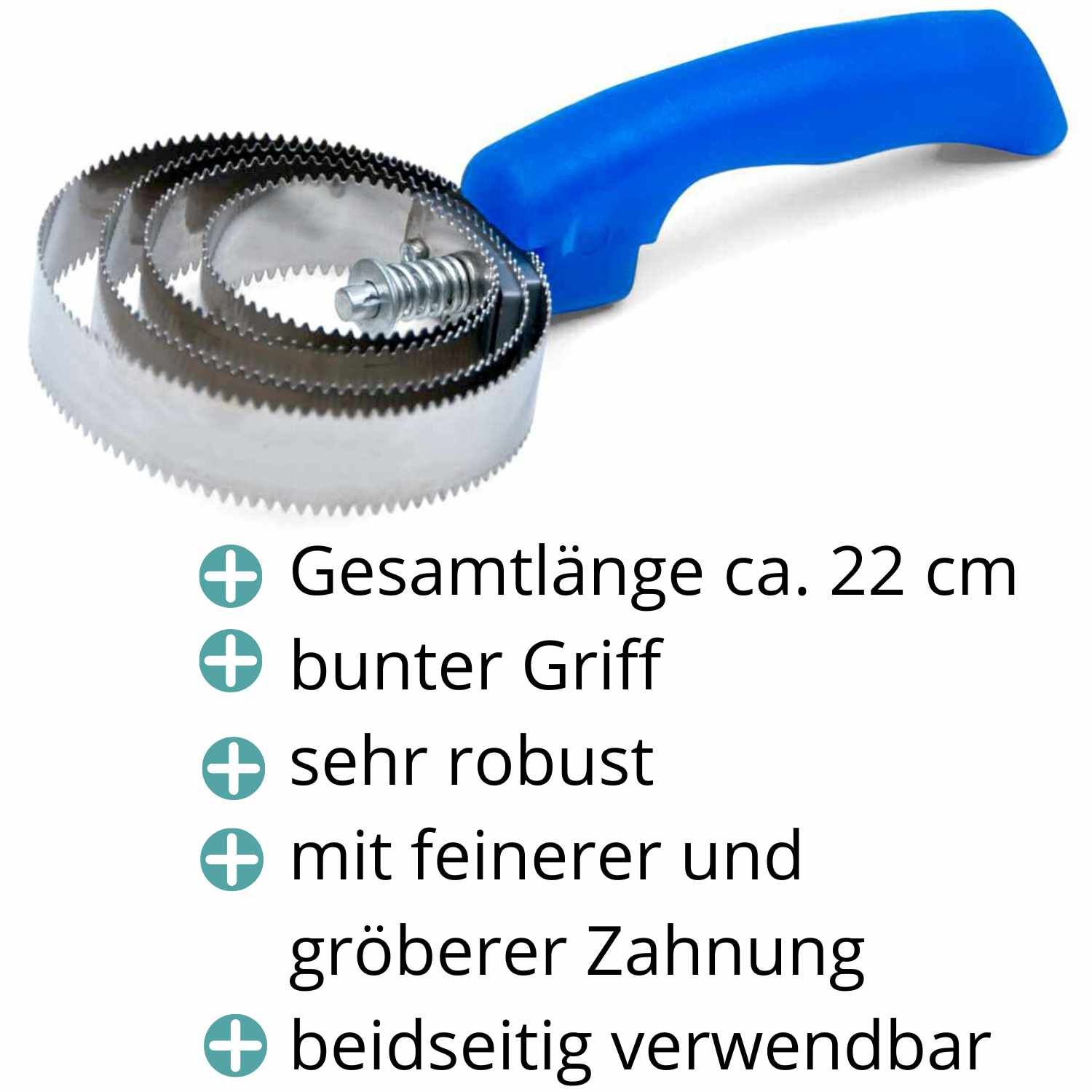Metallstriegel mit blauem Griff. Gesamtlaenge ca. 22 cm. Beidseitig verwendbar. Mit feinerer und groeberer Zahnung.