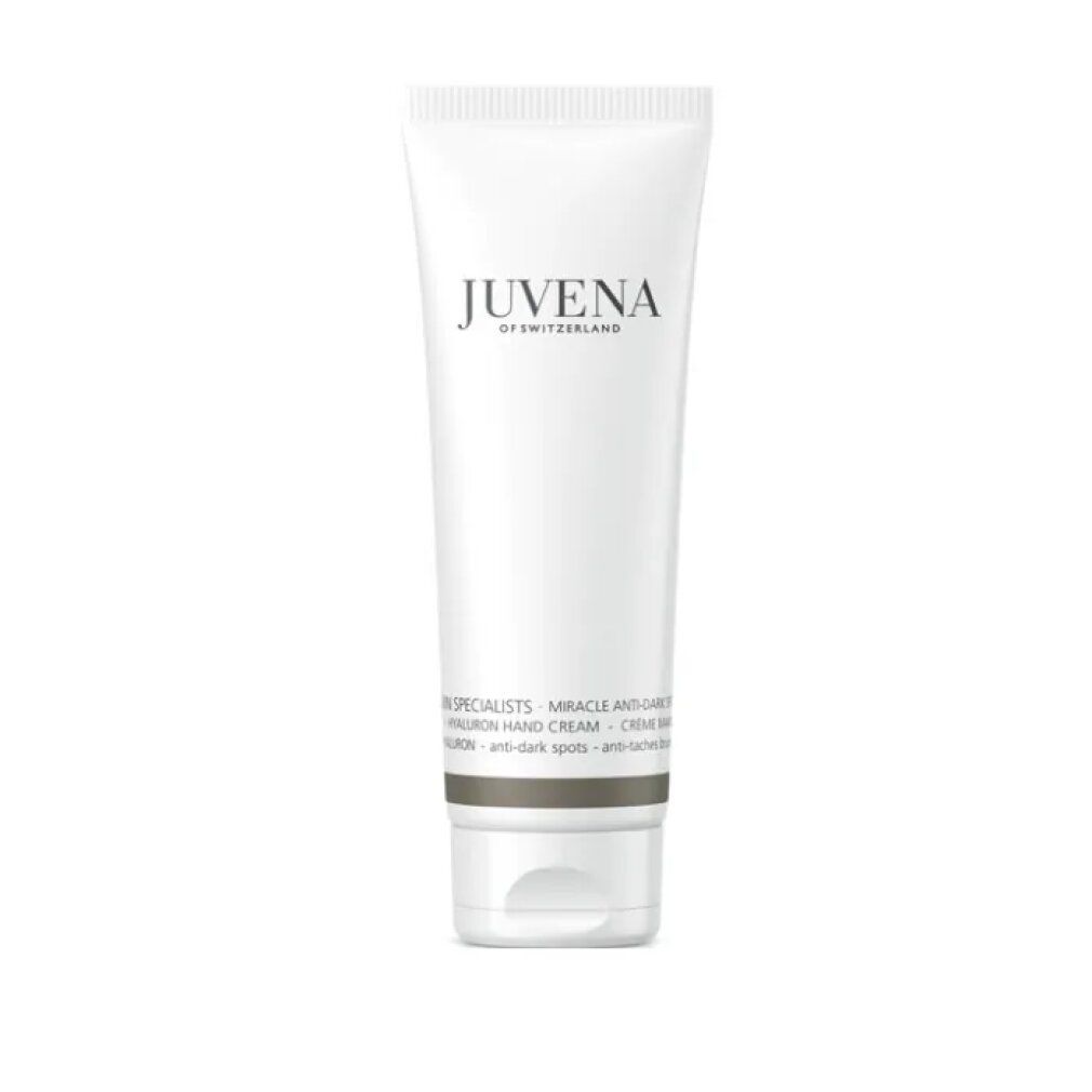 Weiße Tube mit Aufschrift JUVENA. Text: MIRACLE ANTI-DARK SPOT HYALURON HAND CREAM. Anti-Flecken.