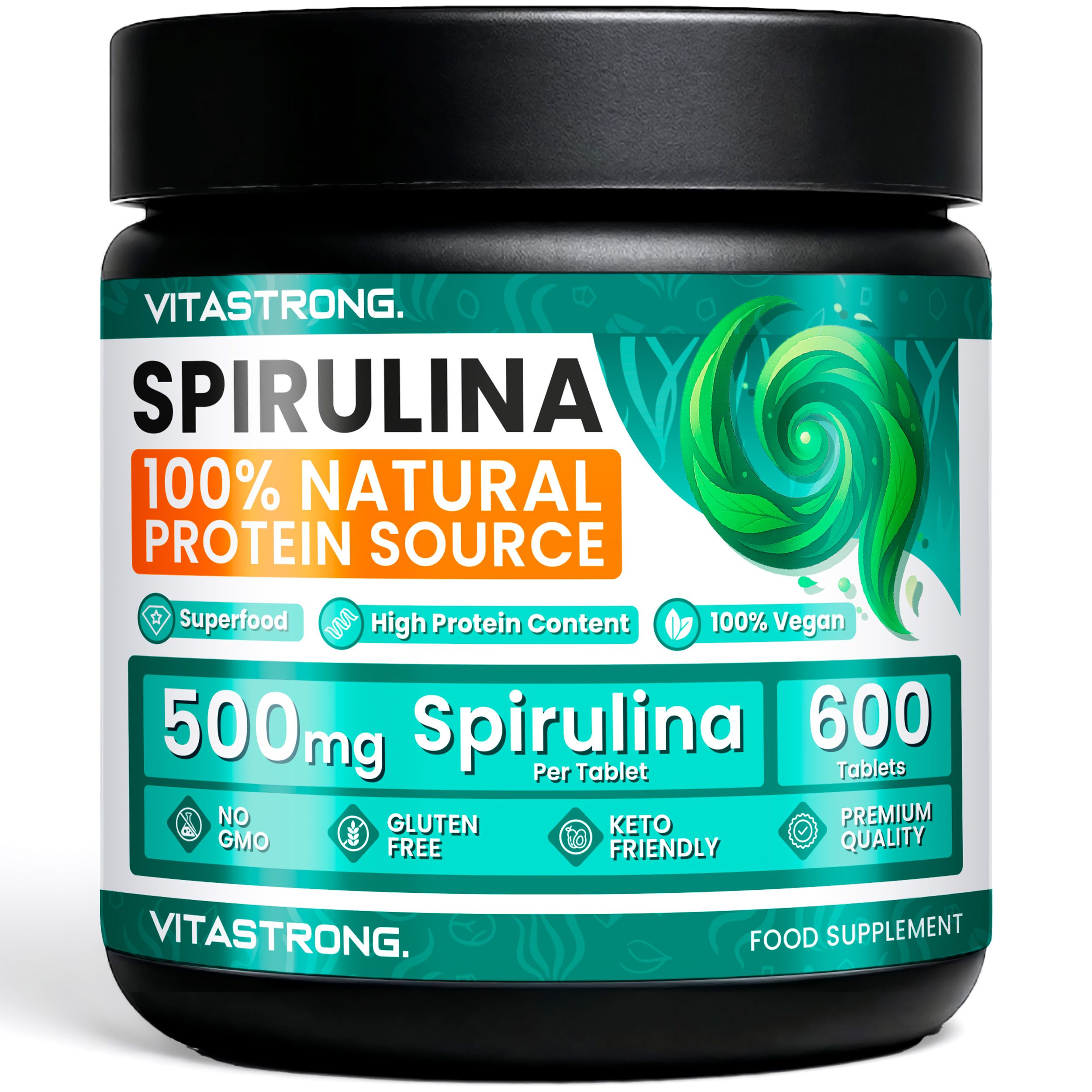 Dose Vitastrong Spirulina. 600 Tabletten. 100% natürliche Proteinquelle. 500mg pro Tablette. Vegan, glutenfrei, keto-freundlich.