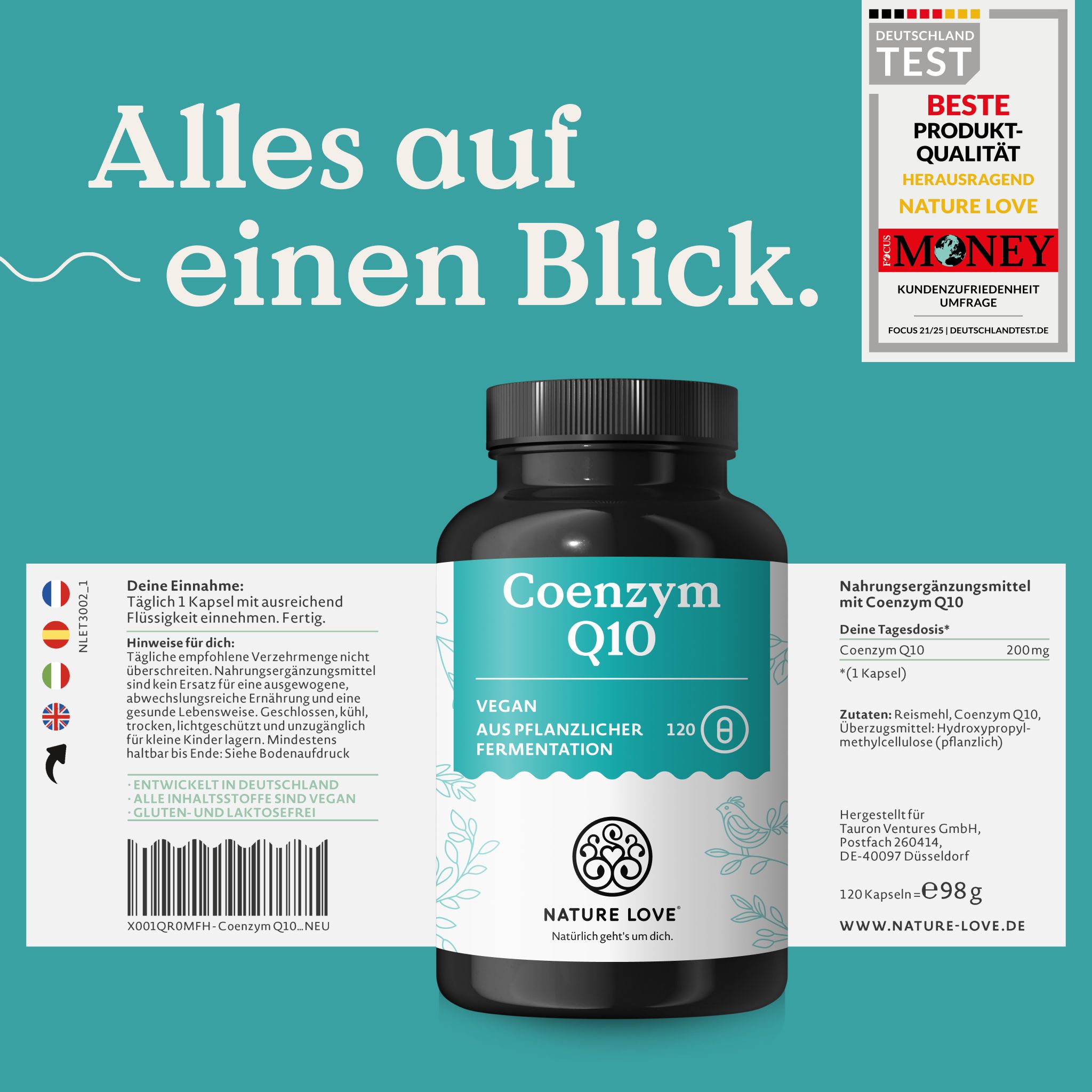 Flasche Coenzym Q10 mit Etikett. Links: Einnahmehinweis. Rechts: Nährwertangaben, 120 Kapseln.
