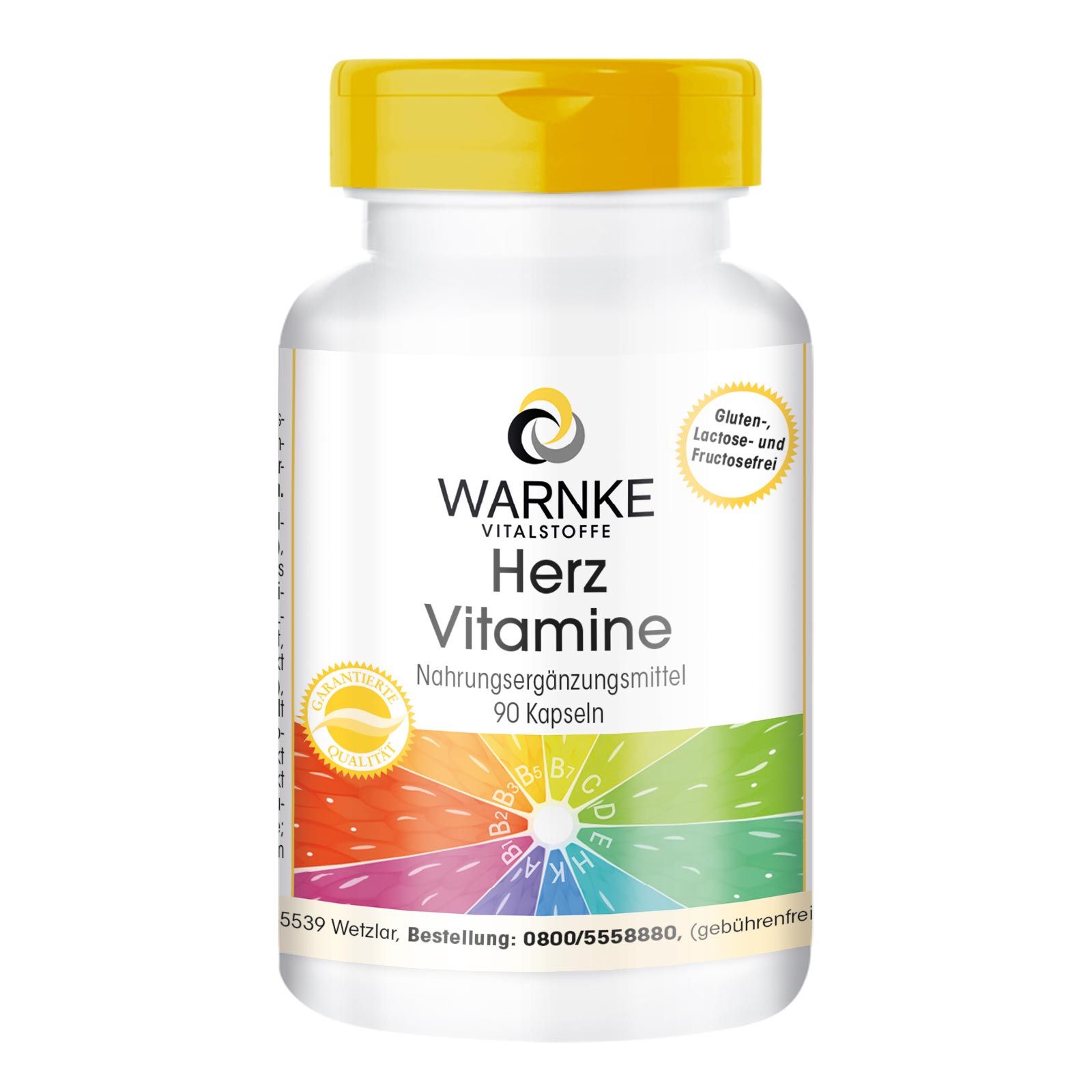 Weißes Pillenfläschchen mit gelbem Deckel. Aufschrift: Warnke Vitalstoffe, Herz Vitamine, 90 Kapseln. Gluten-, Laktose- und Fructosefrei.