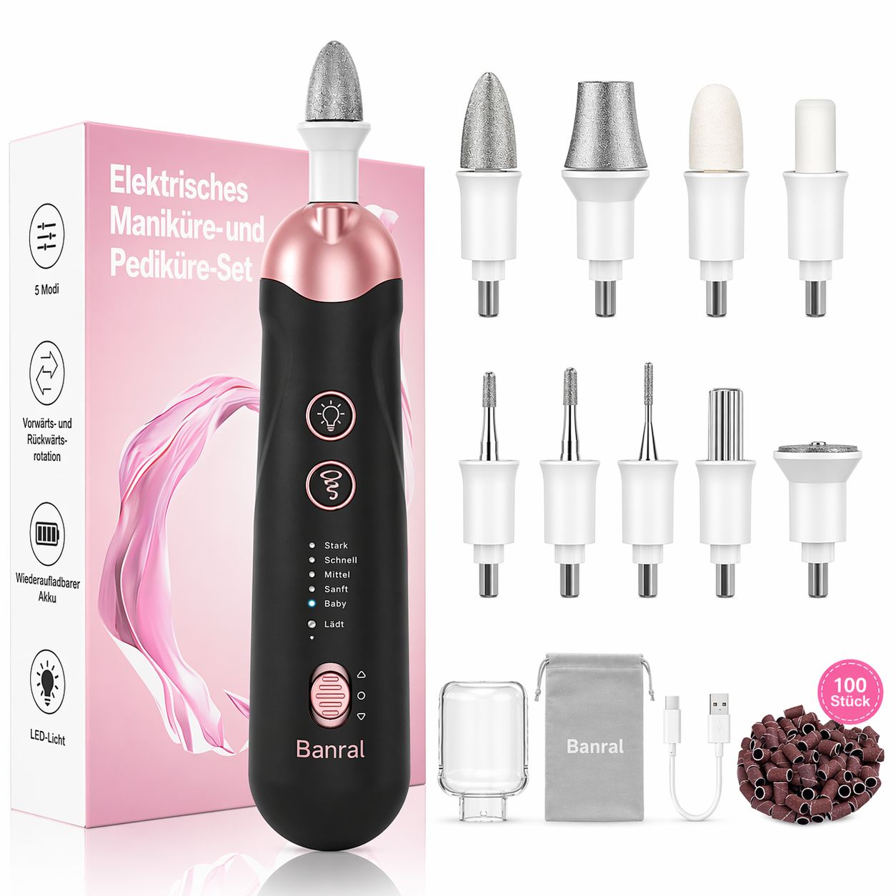 Elektrisches Maniküre- und Pediküre-Set. Schwarz, Roségold. Mit Zubehör, Aufsätzen, Tasche, USB-Kabel. Banral-Logo.