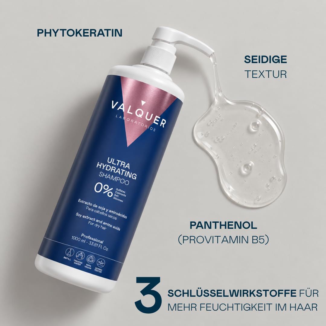 Valquer Ultra Hydrating Shampoo, 1000ml, mit Sojaextrakt und Phytokeratin.