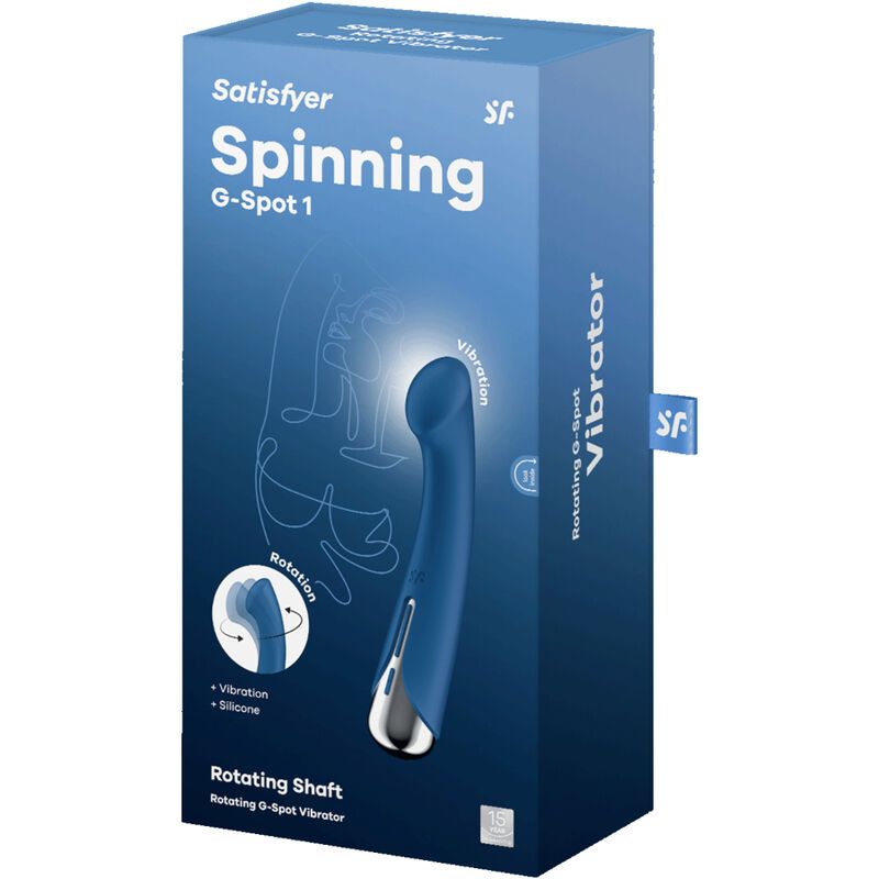 Verpackung eines blauen Satisfyer Spinning G-Spot 1 Vibrators mit Produktmerkmalen.