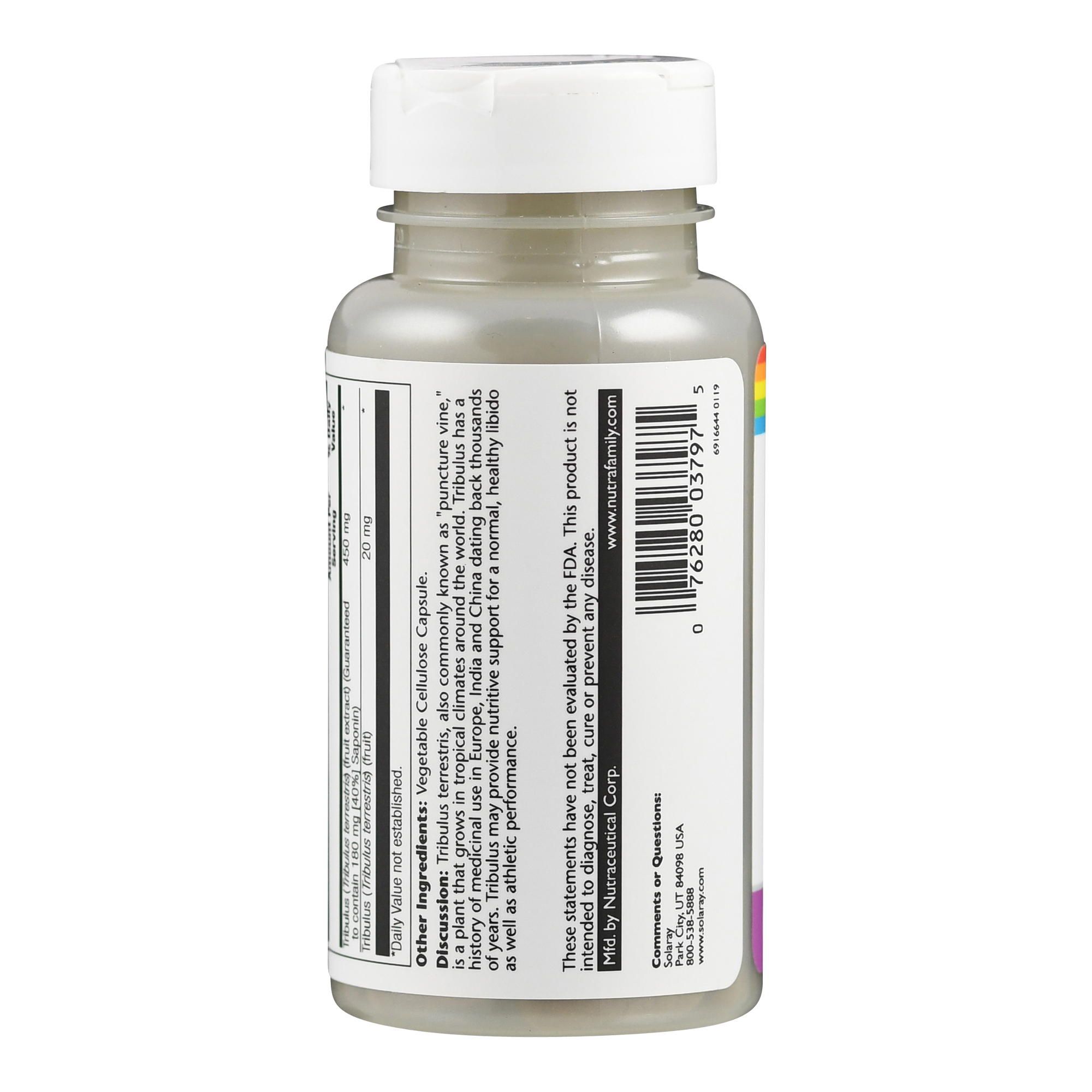 Graue Flasche mit weißem Deckel. Aufschrift: Supplement Facts. Enthält Tribulus Terrestris Extrakt. VegCap-Kapsel.