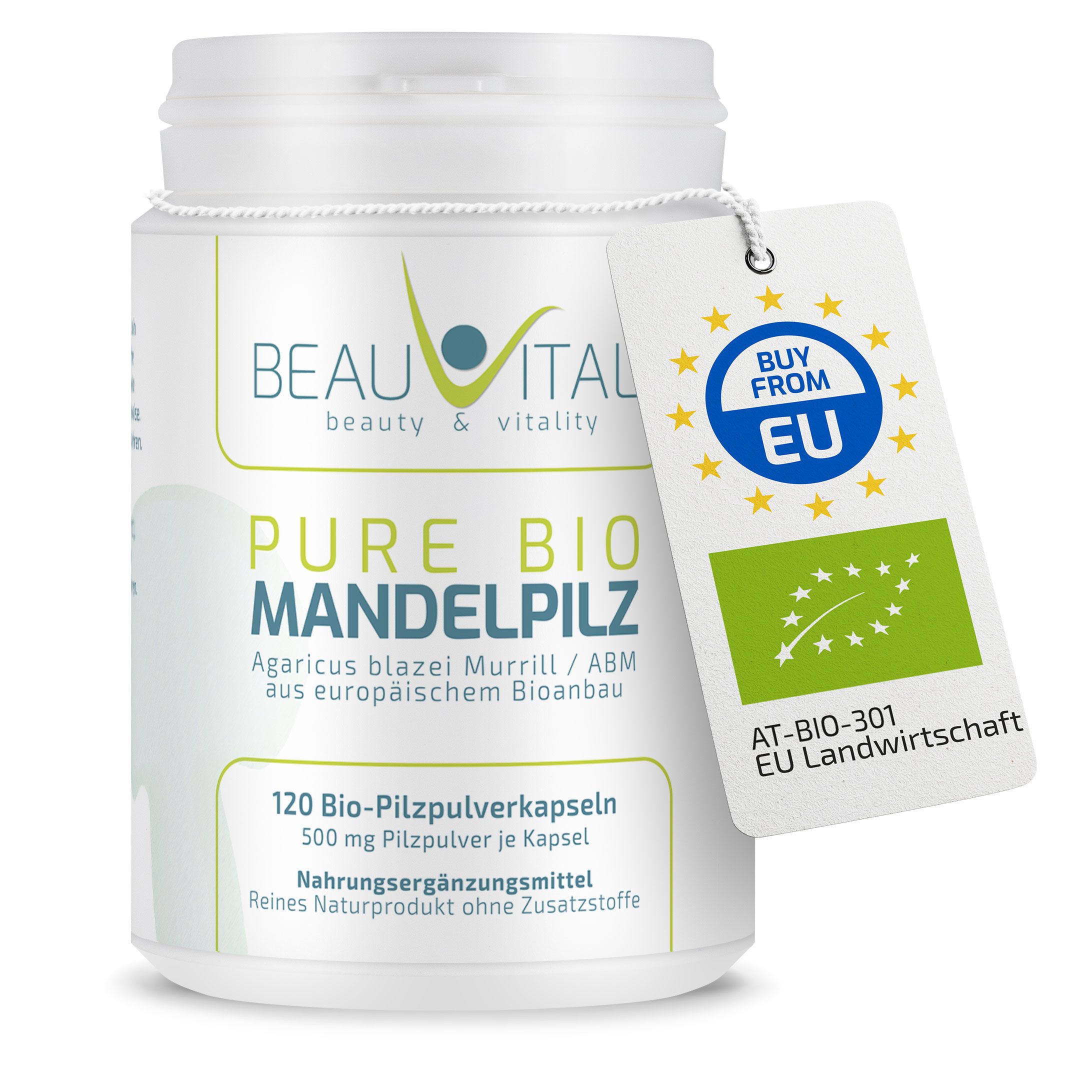 BEAUVITAL Pure Bio Mandelpilz Kapseln: Weißer Behälter mit Etikett, EU-Bio-Siegel.