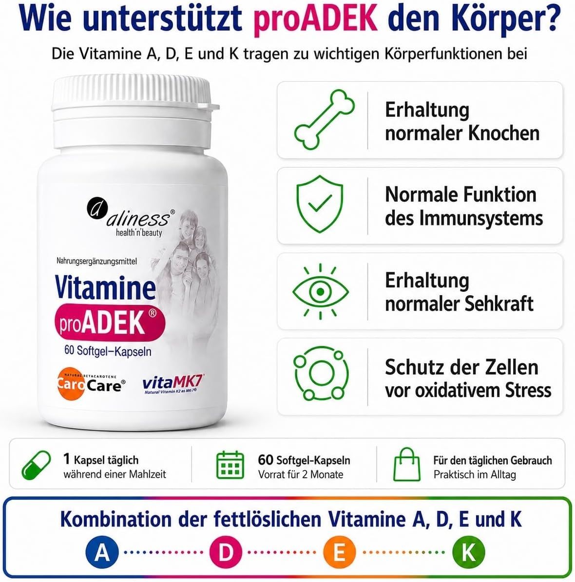Aliness Vitamine proADEK, 60 Softgel-Kapseln. Für den täglichen Gebrauch.