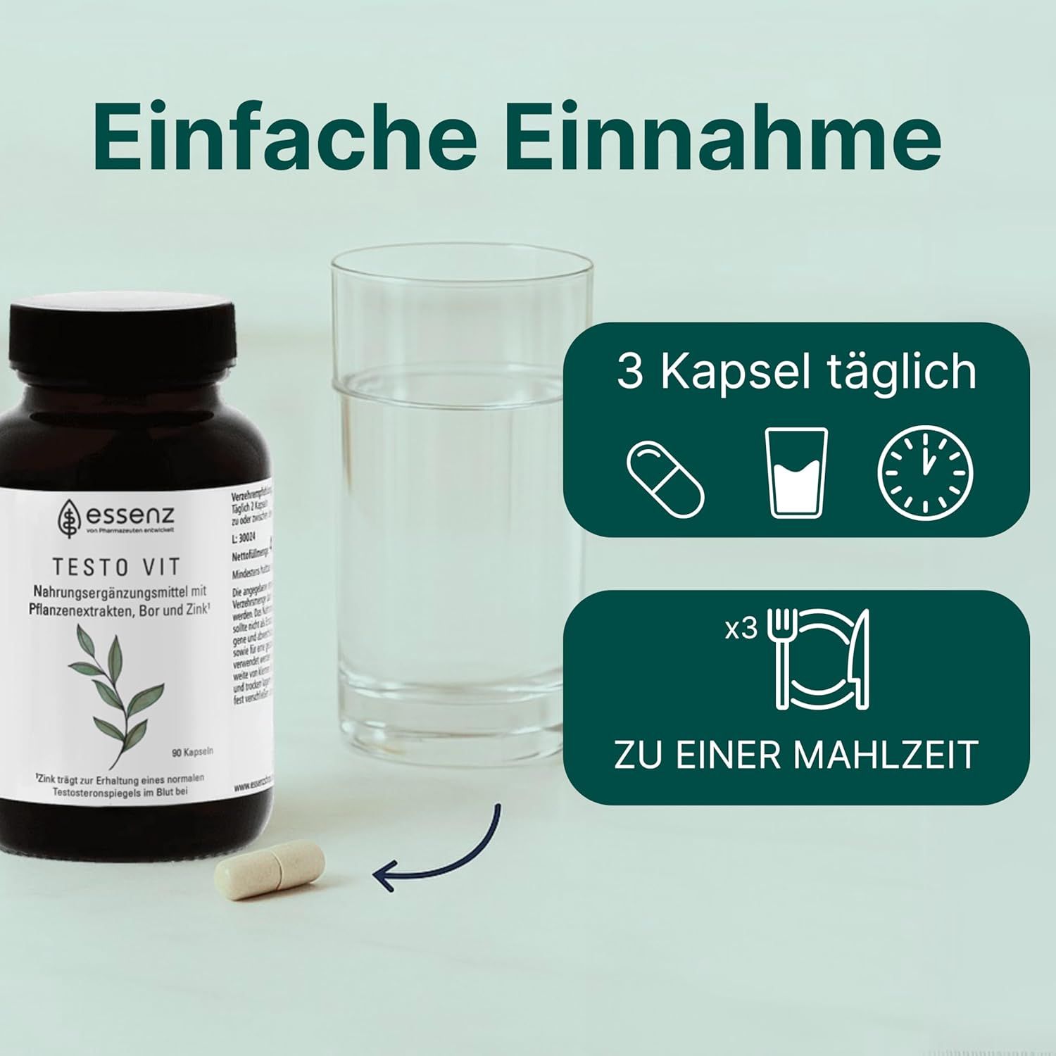 Braune Flasche mit Kapseln, Glas Wasser, Kapsel daneben. Text: 3 Kapseln täglich zu einer Mahlzeit.